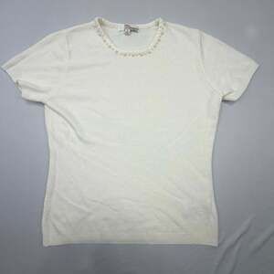 byDesign White Short Sleeve Sweater with Pearl Necklace Embellished Neckline